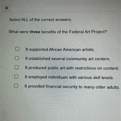 what were three benefits of the federal art project? The federal art project provided artists with opportunities to showcase their work and contribute to the cultural landscape of the United States.